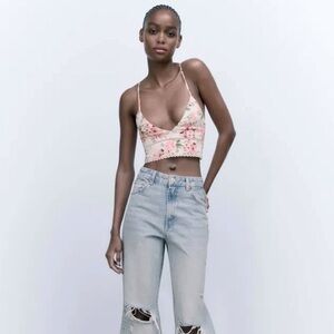 Zara Pink & White Floral Crop Top | Size M